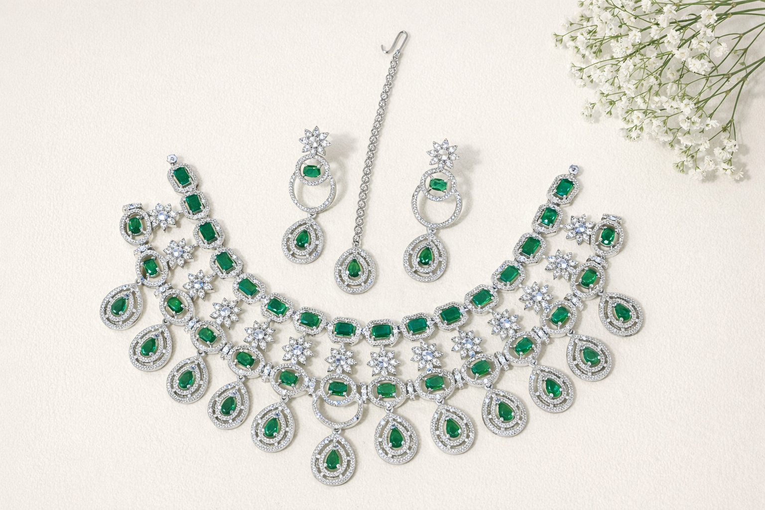 Elegant American Diamond Heavy Green Necklace – Stunning and Timeless Jewelry Piece