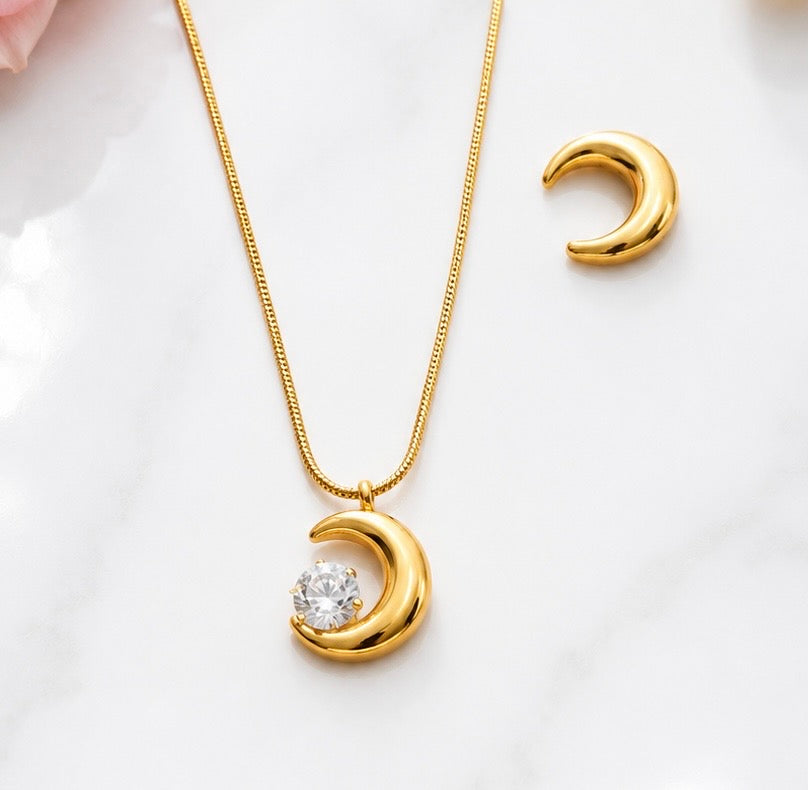 18K Gold Plated Crescent Moon Pendant Necklace & Stud Earrings Set for Women | Anti Tarnish Cubic Zirconia Moon Jewelry Set | Daily Wear Lightweight Fashion Jewelry