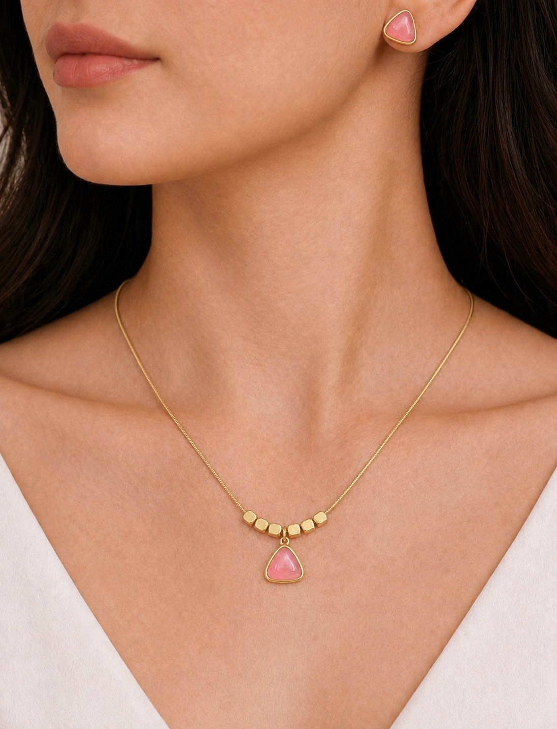 18K Gold Plated Pink Triangle Stone Pendant Chain with Matching Stud Earrings Set