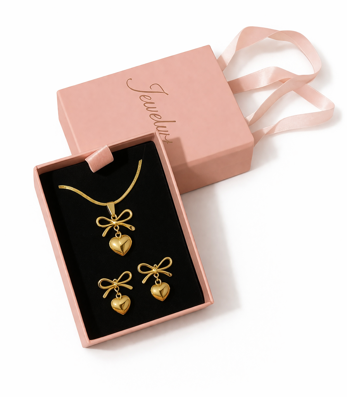 Anti-Tarnish Heart & Bow Design Earrings and Pendant Chain Set – Elegant & Lightweight Jewelry for Women & Girls