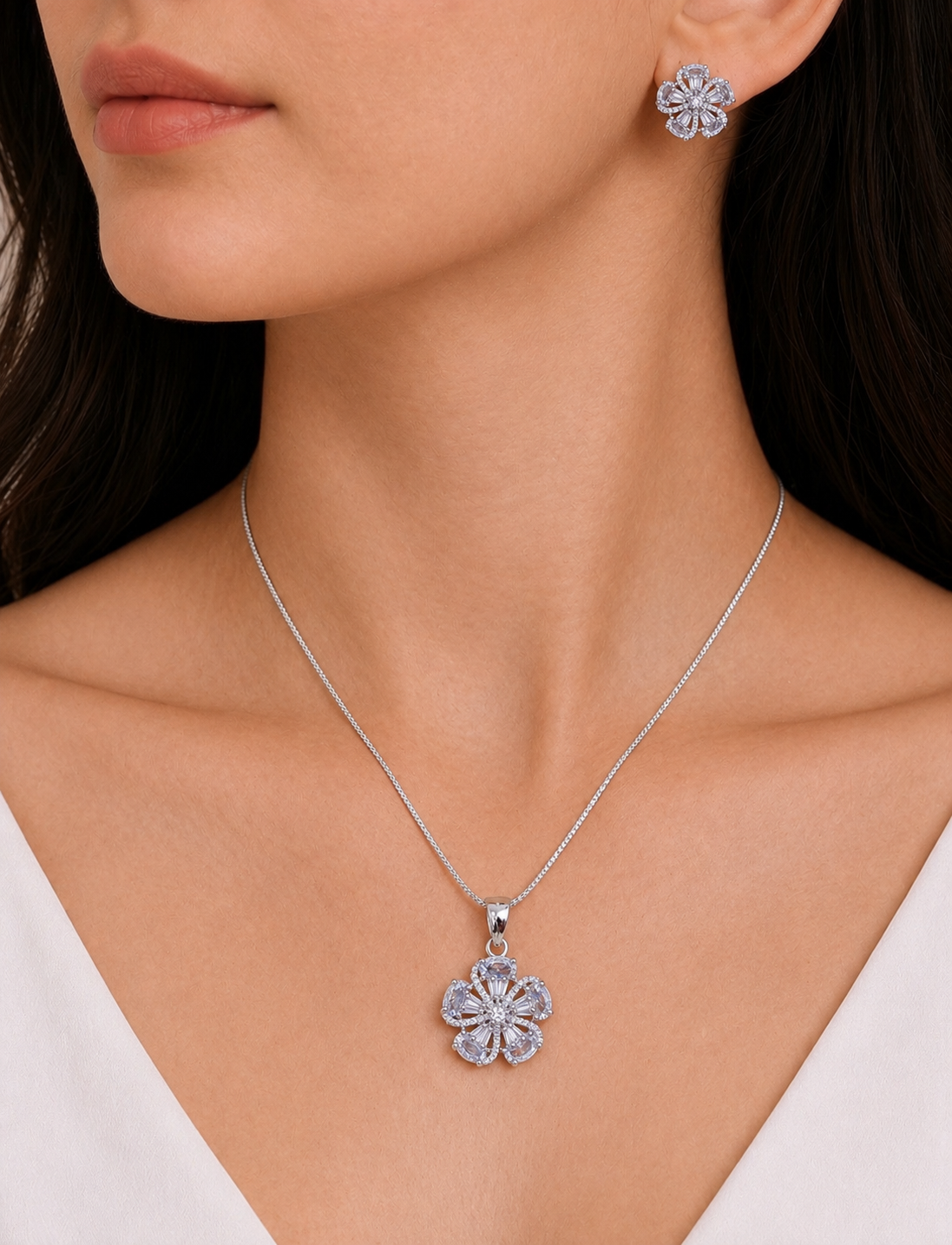 18K White Gold Plated Floral American Diamond Pendant Chain with Matching Stud Earrings Set