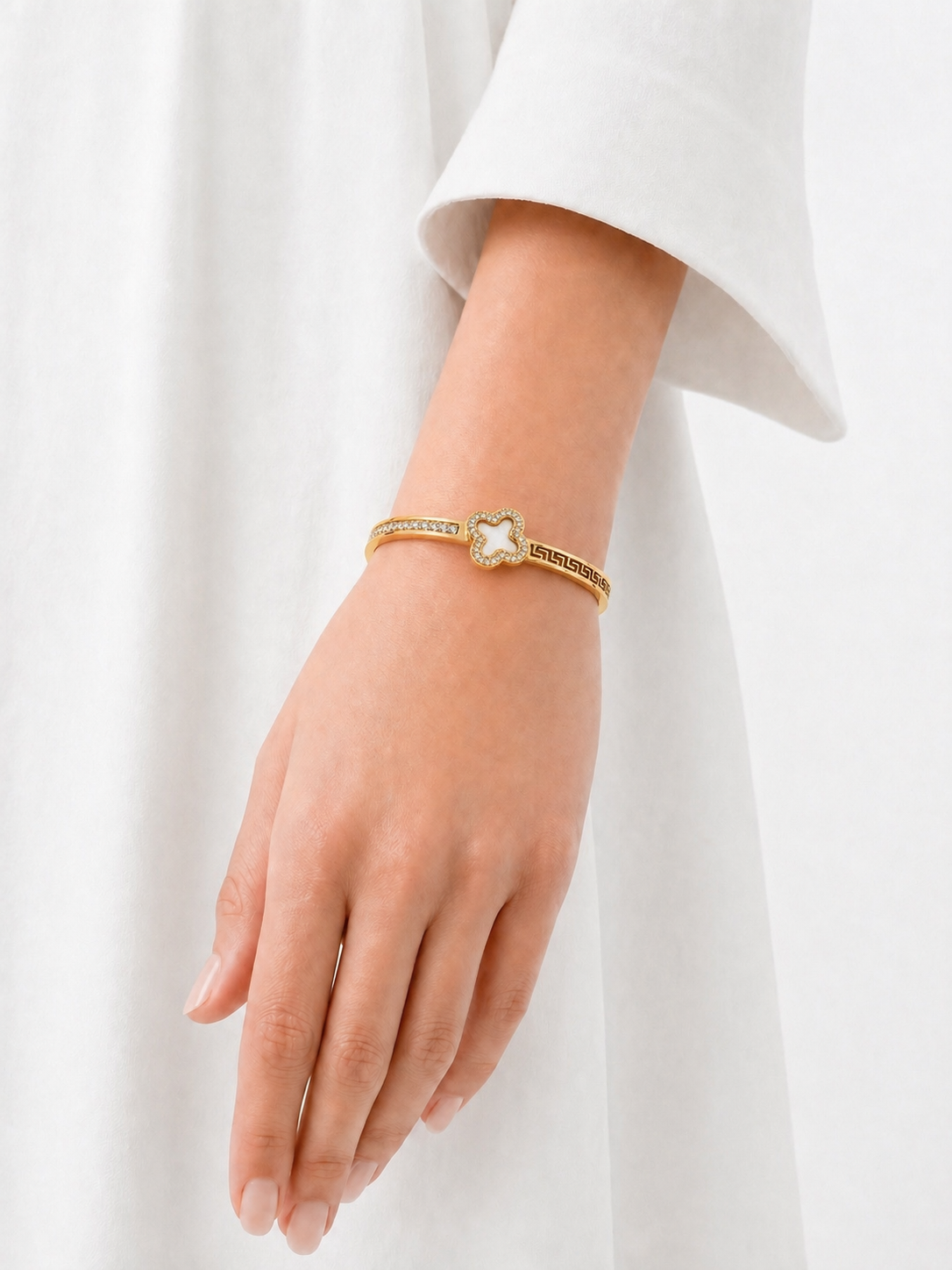 Elegant Clover Gold Plated Bracelet with Crystal Detailing | Minimal Luxe Wristwear
