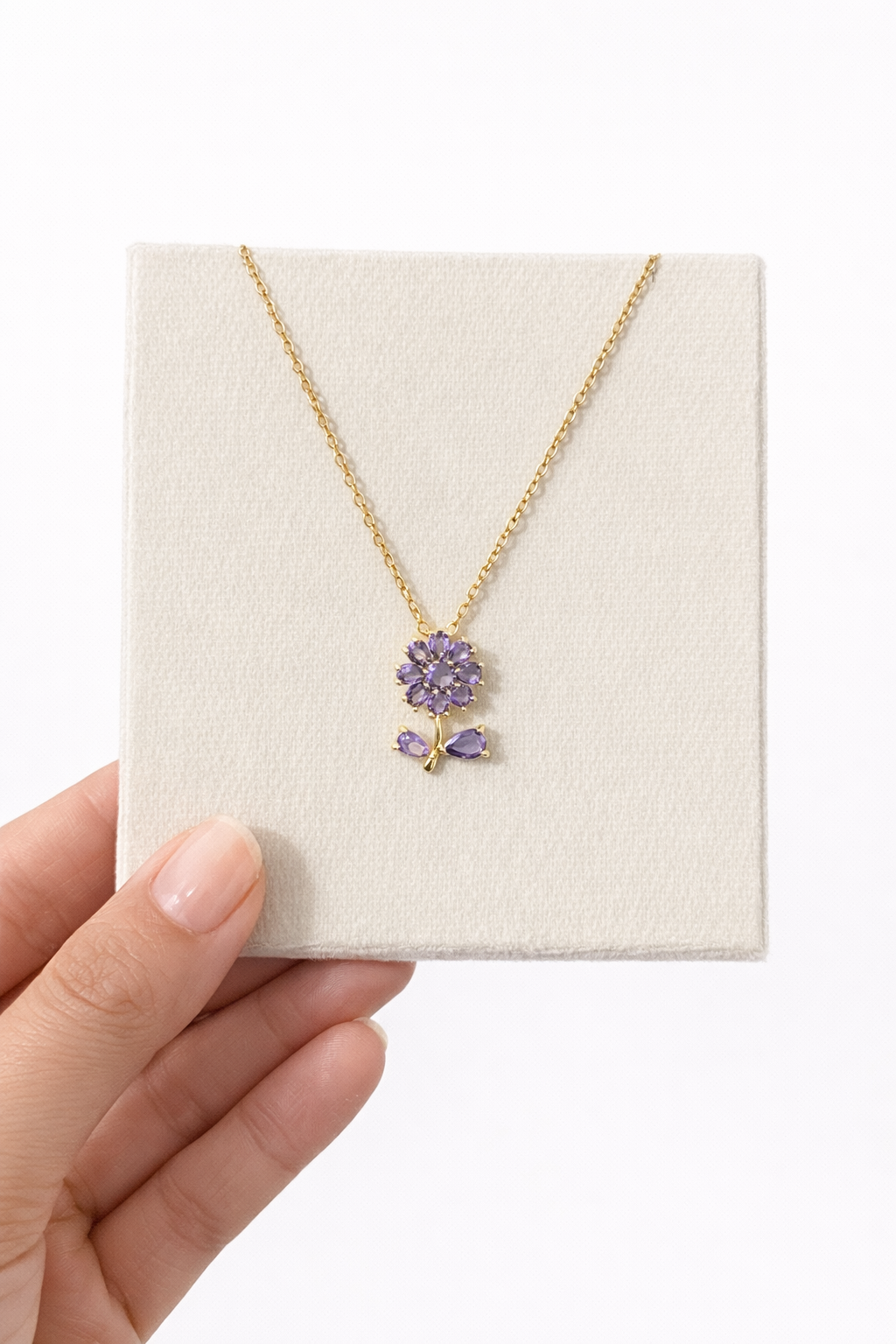 18K Gold Plated Floral Pendant Necklace for Women | Purple Crystal Flower Design | Elegant Minimal Jewelry | Skin-Friendly & Lightweight