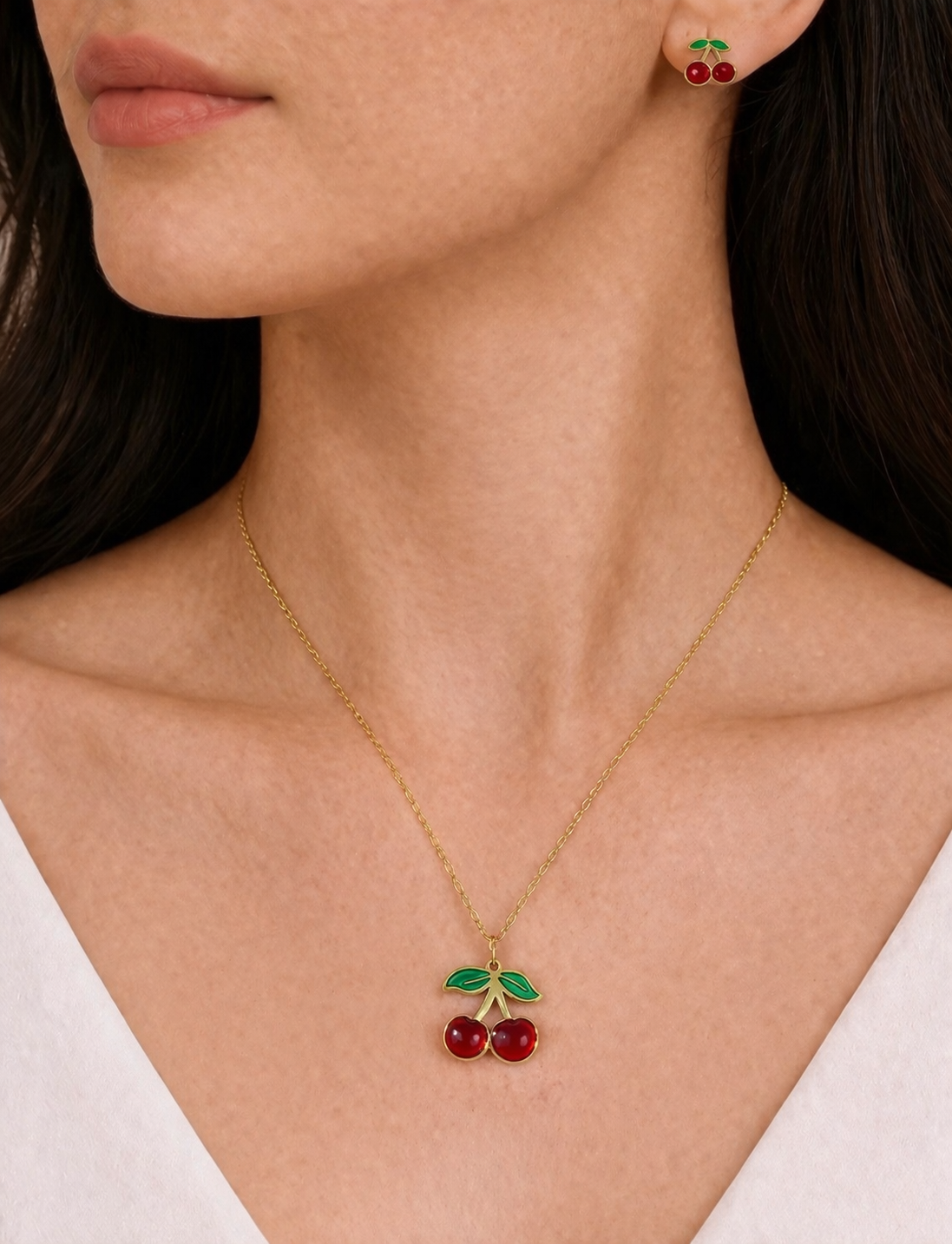 Cherry Charm Gold-Plated Necklace, Earrings & Bracelet Set 🍒✨