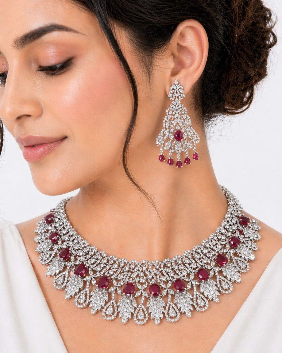 Elegant Designer American Diamond Ruby Red Necklace – A Timeless Touch of Luxury