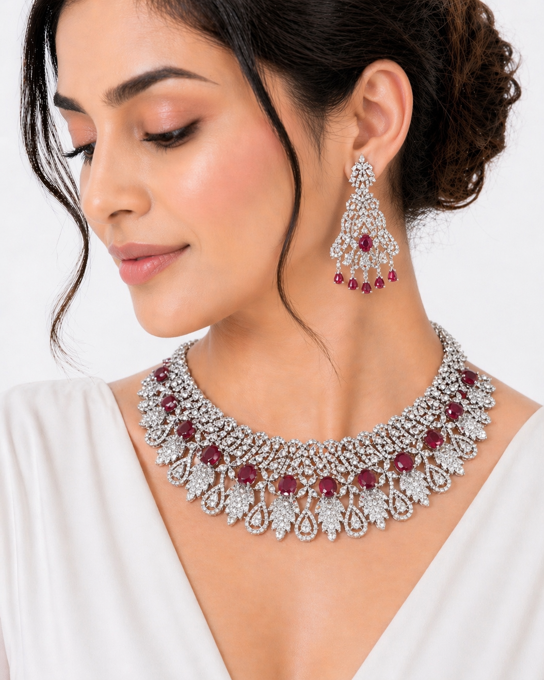 Elegant Designer American Diamond Ruby Red Necklace – A Timeless Touch of Luxury