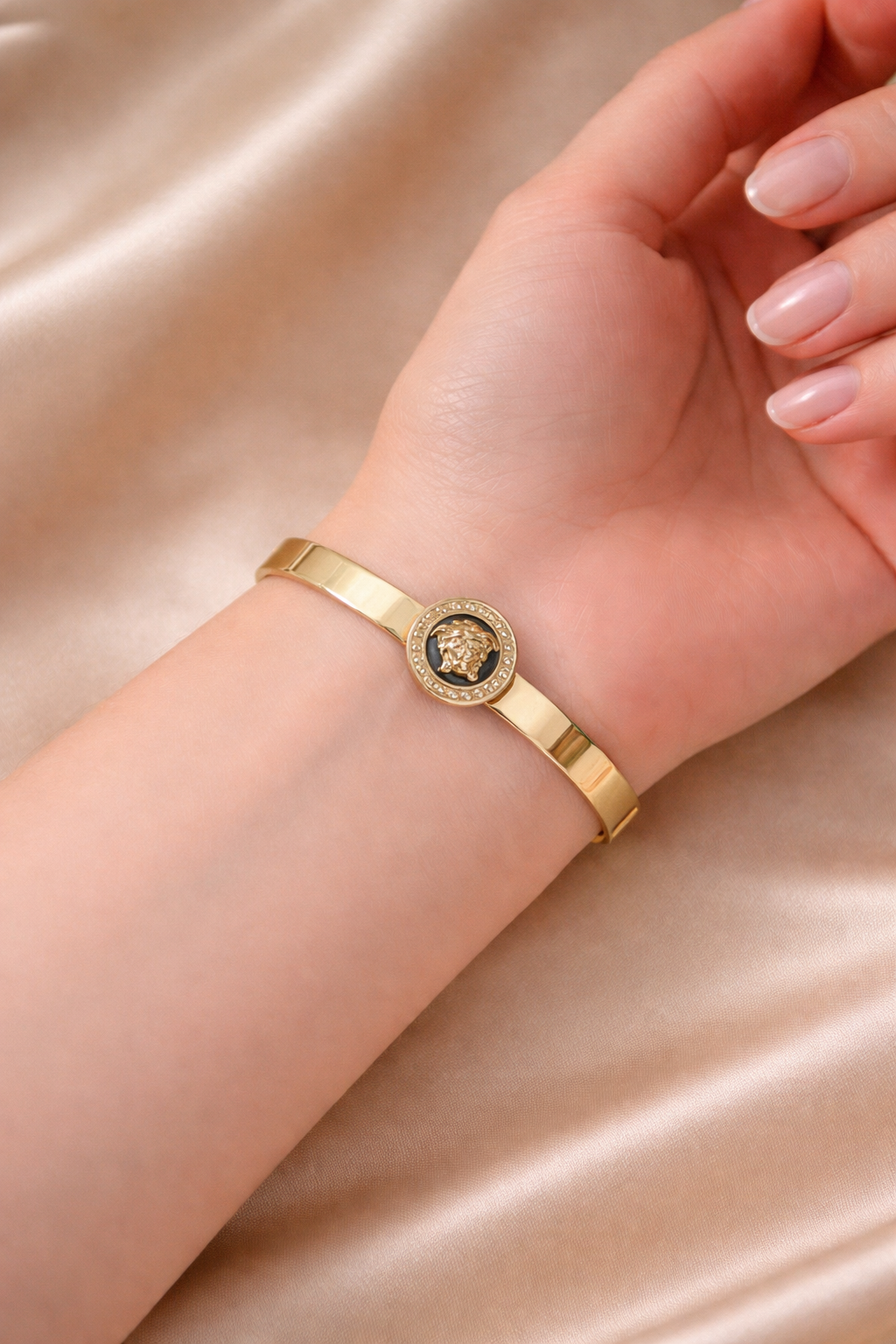 Medusa Style Gold-Tone Bracelet for Women | Versace-Inspired Designer Bangle | Luxury Statement Wrist Jewelry | Party & Premium Wear Waterproof Openable Bracelet