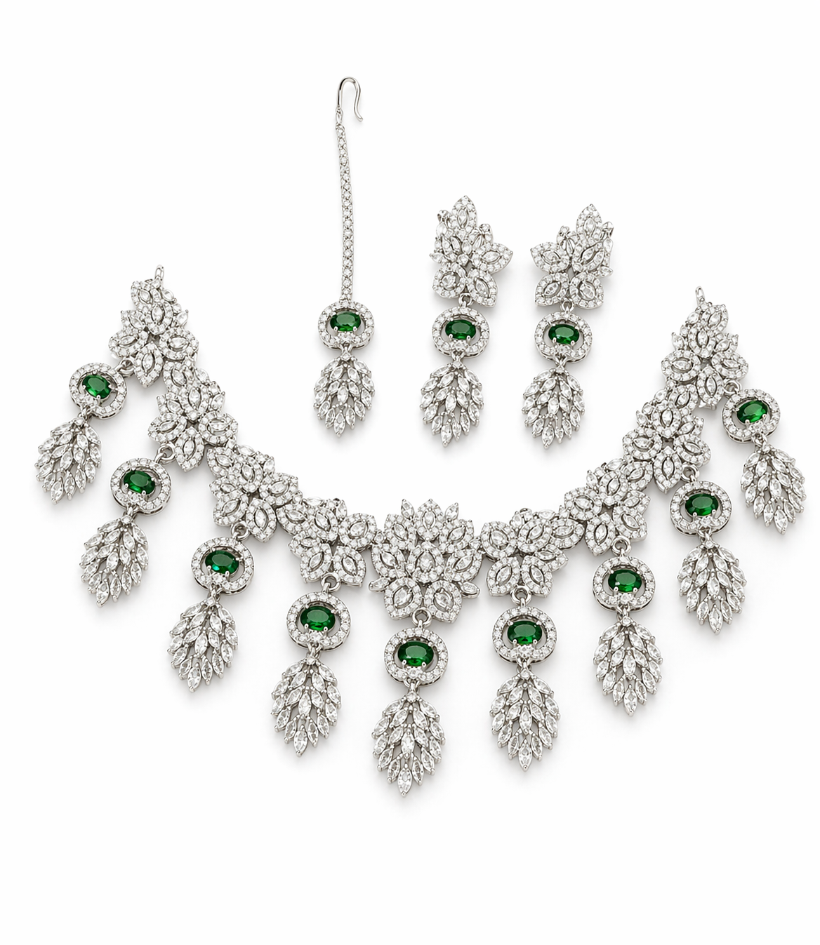 Luxurious Designer American Diamond Heavy Green Necklace – A Bold Statement of Elegance and Glamour