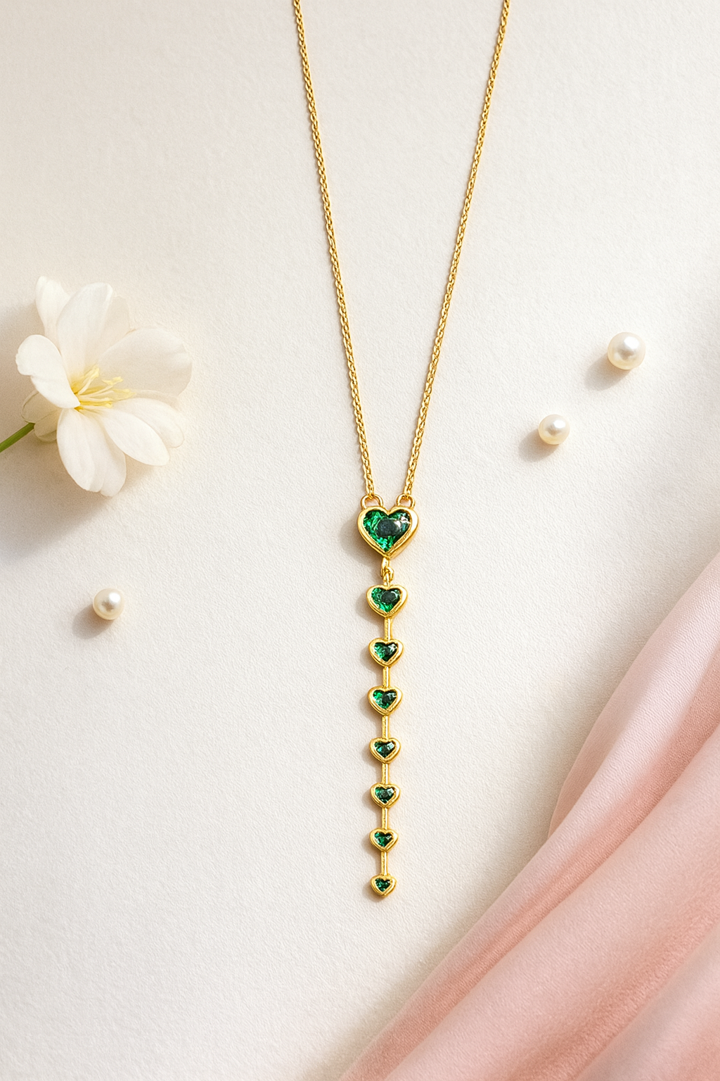Anti-Tarnish Heart Long Pendant Chain & Earrings Set | 18K Gold Plated | Elegant Green Stone Jewelry | Perfect for Gifting | Premium Gift-Ready Packaging