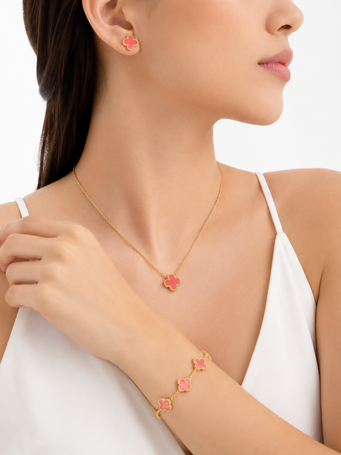 Pink Clover Jewelry Set for Women – 18K Gold Plated Anti Tarnish Necklace, Stud Earrings & Bracelet Set