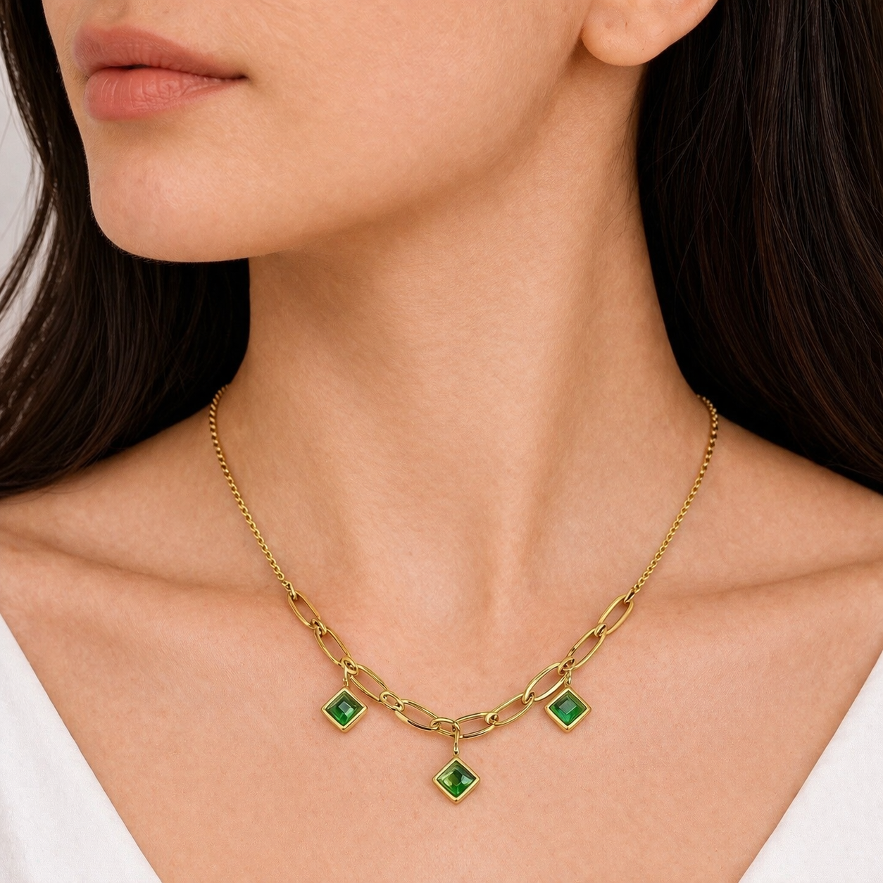 Elegant 18K Gold Plated Green Stone Pendant Necklace | Anti-Tarnish Long Lasting Chain | Stylish Jewelry for Women & Girls