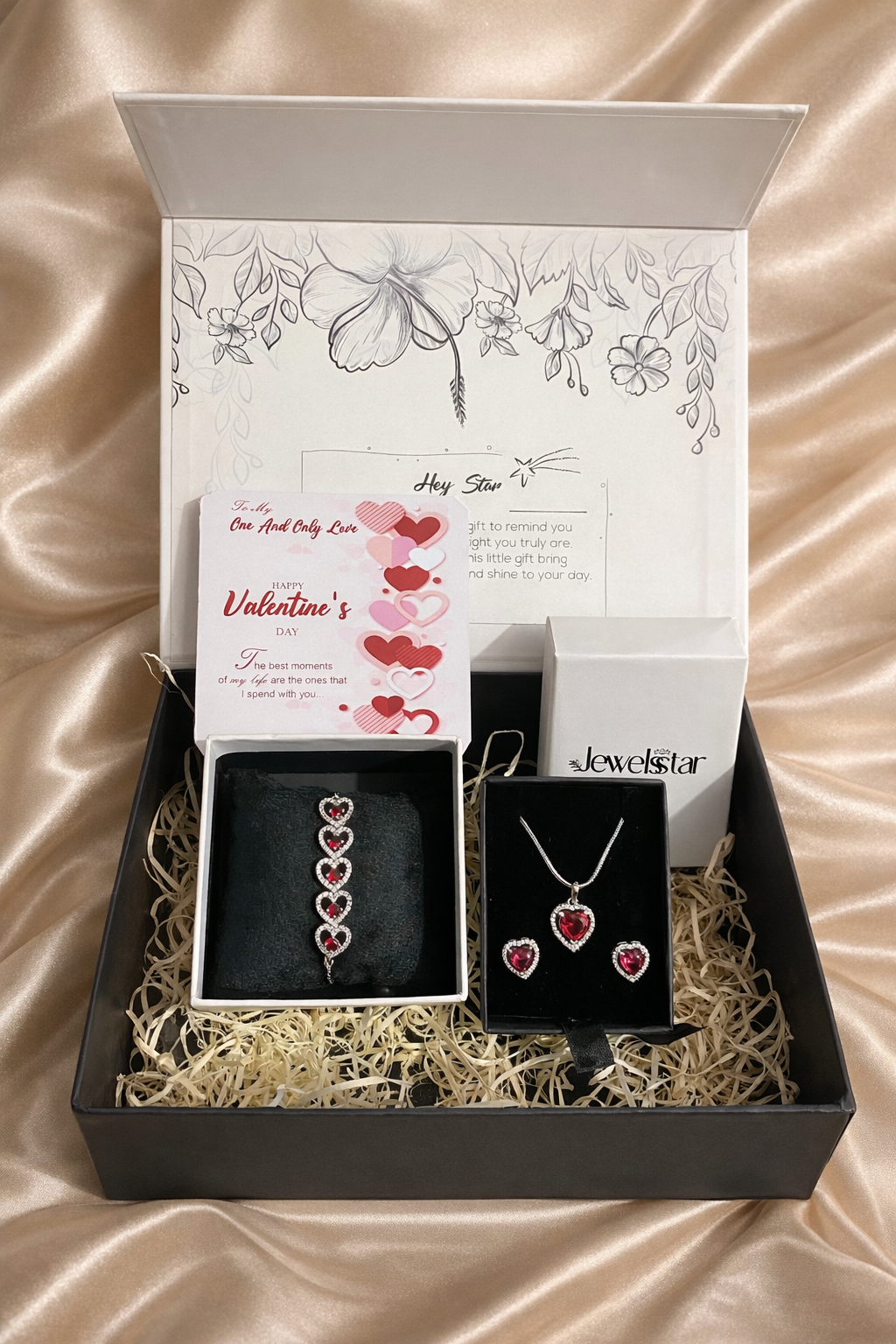 Jewelsstar Valentine’s Day Gift Hamper | American Diamond Heart Chain, Earrings & Bracelet Set | Silver Plated Romantic Gift Set for Women & Girls