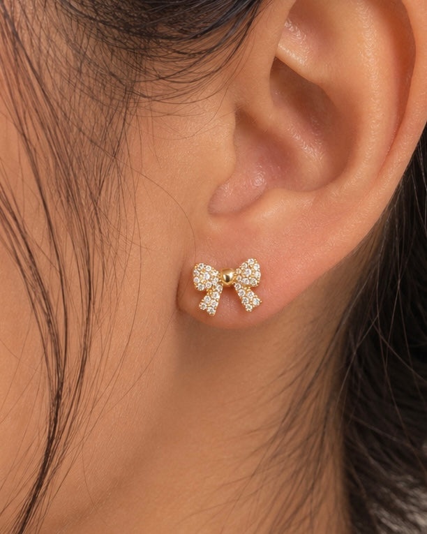 18K Gold Plated Small Anti-Tarnish Crystal Bow Stud Earrings
