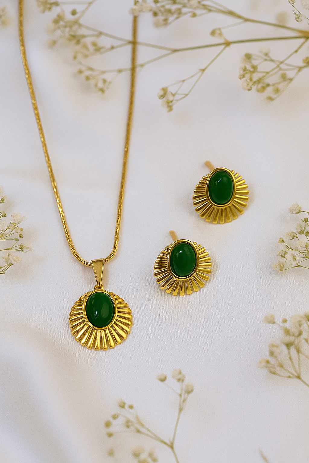 Elegant Anti-Tarnish Green Designer Pendant & Earrings Set – Small, Stylish, & Durable