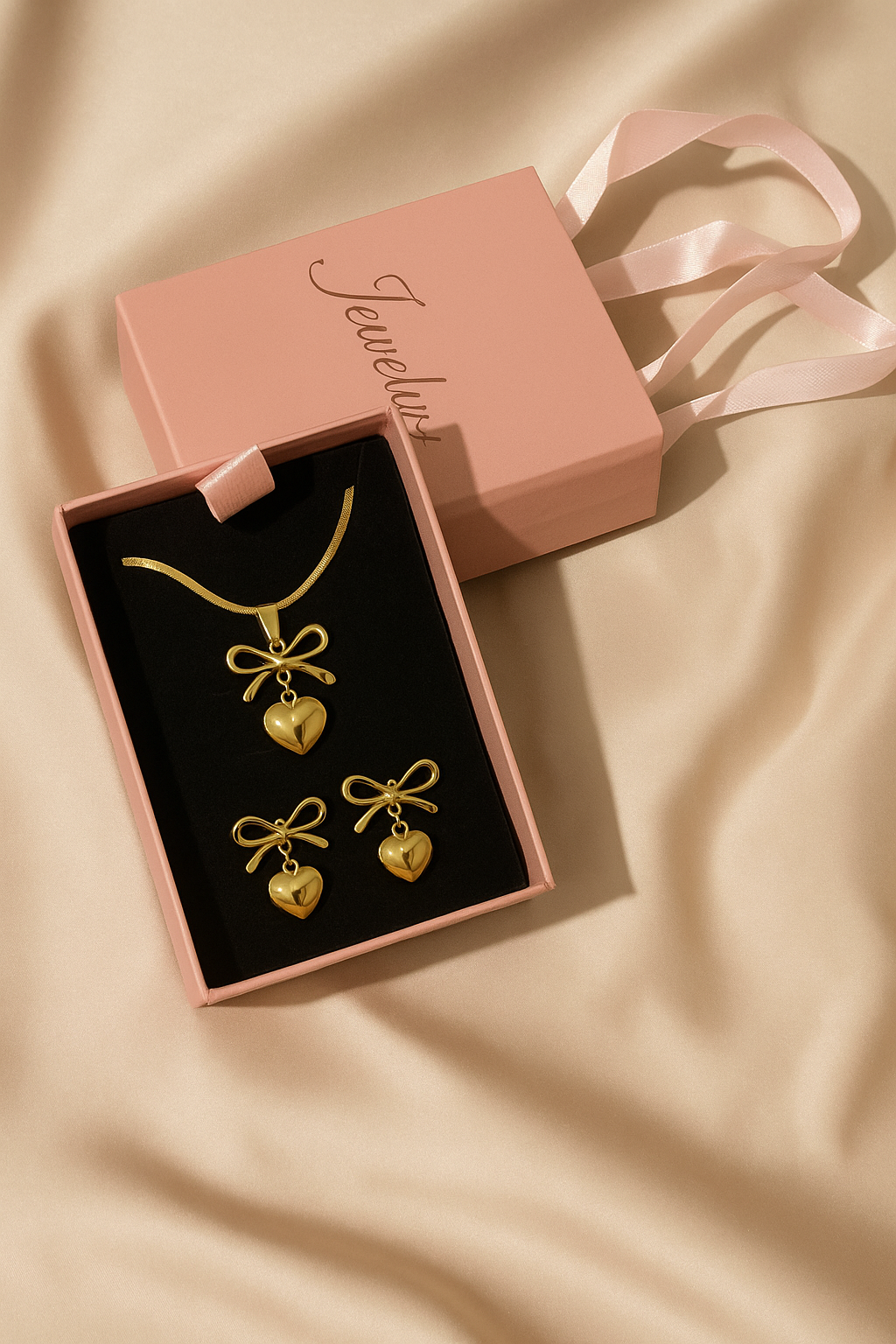 Anti-Tarnish Heart & Bow Design Earrings and Pendant Chain Set – Elegant & Lightweight Jewelry for Women & Girls