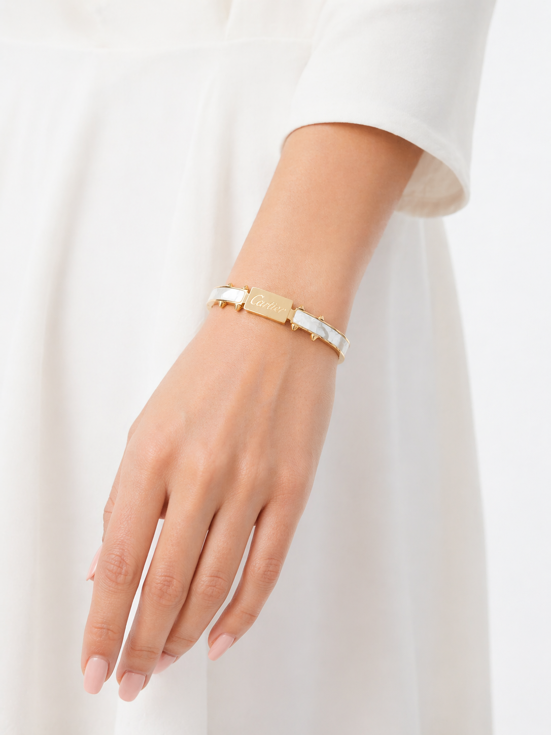 Luxury Gold Plated Studded Bracelet with Mother of Pearl Detailing | Elegant Designer Bangle