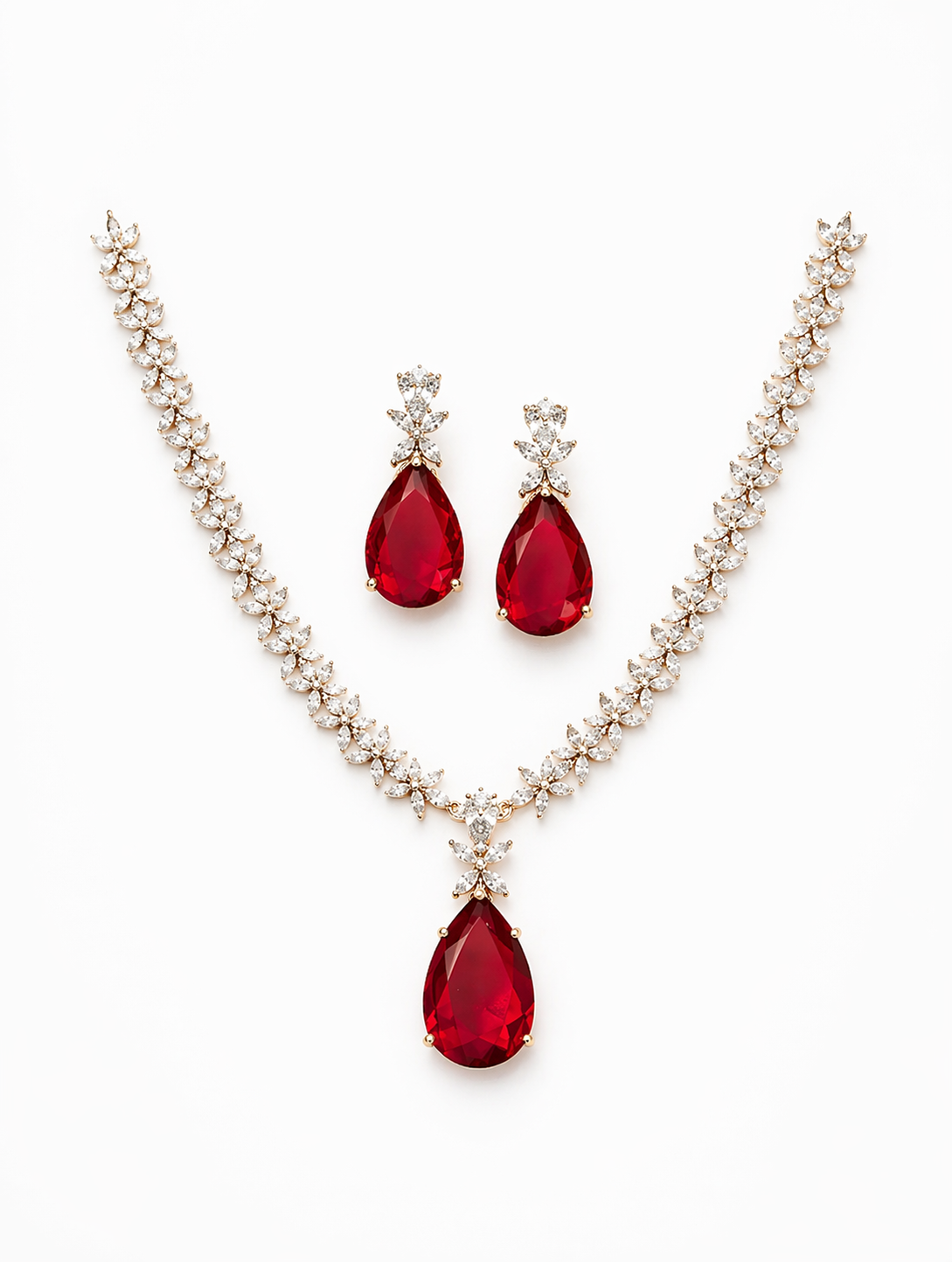 American Diamond Red Teardrop Necklace Set with Matching Earrings for Women