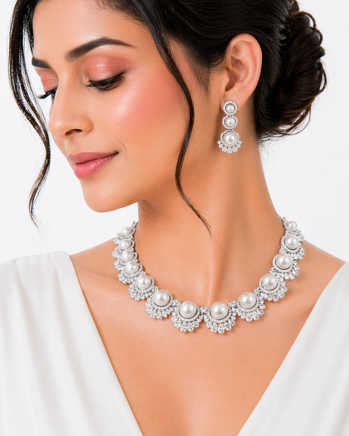 JewelsStar New American Diamond and Pearl Necklace with Earrings for Women