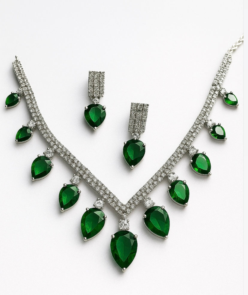 Designer Green American Diamond Necklace with Earrings