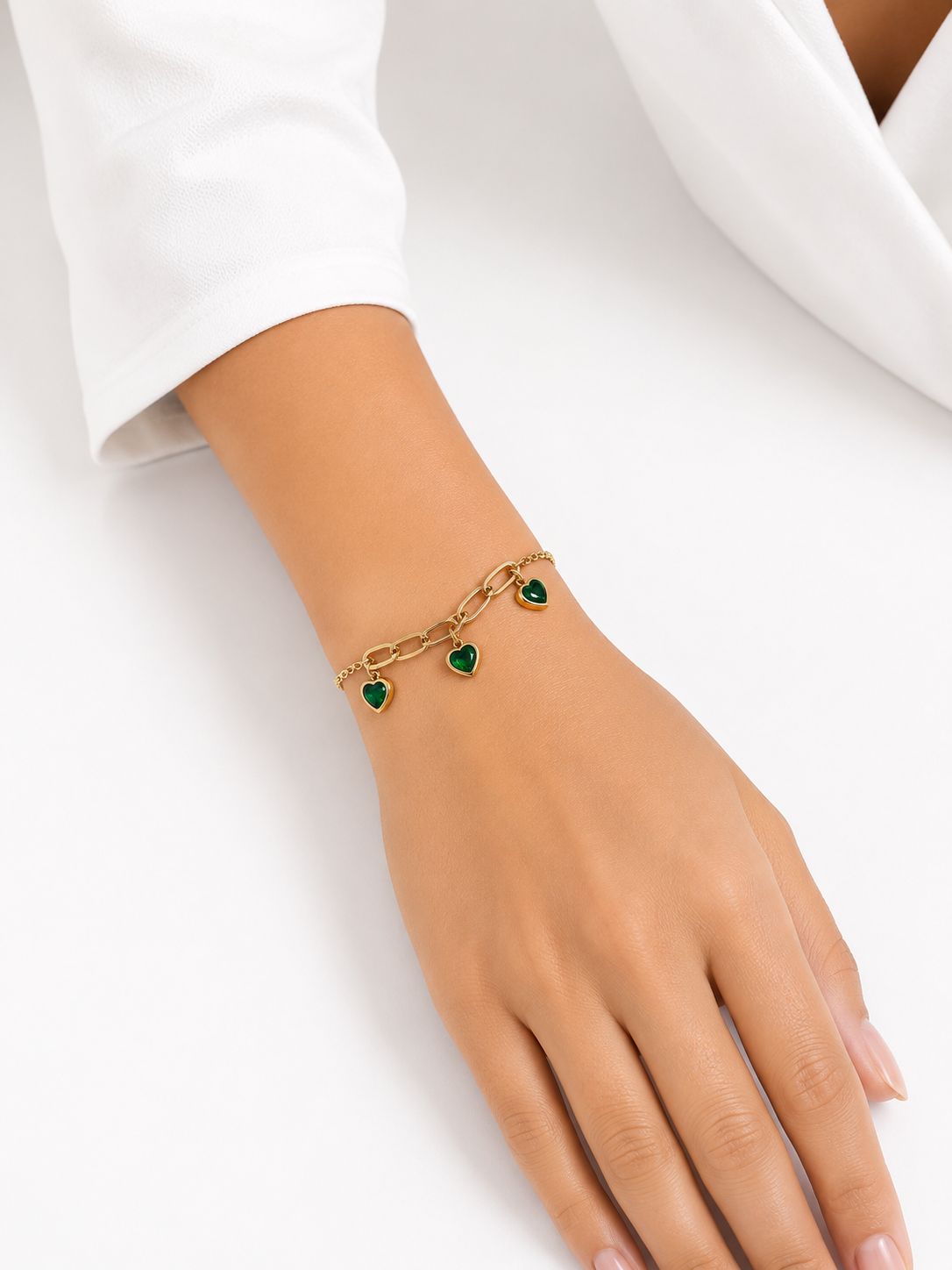 18K Gold Plated Anti-Tarnish Green Heart Charm Chain Bracelet