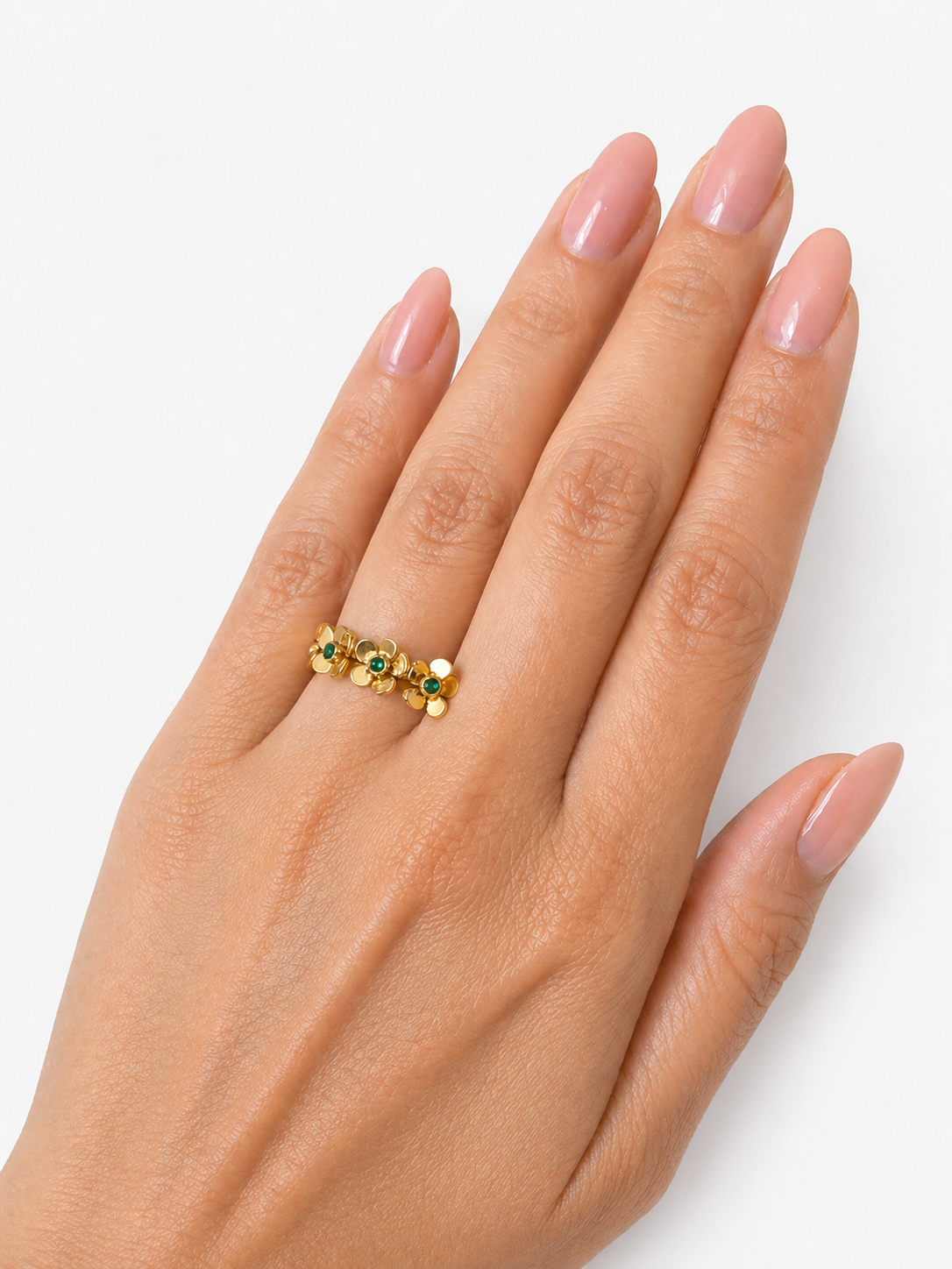 Adjustable Floral Gold Ring with Green Stone – Elegant Everyday Wear