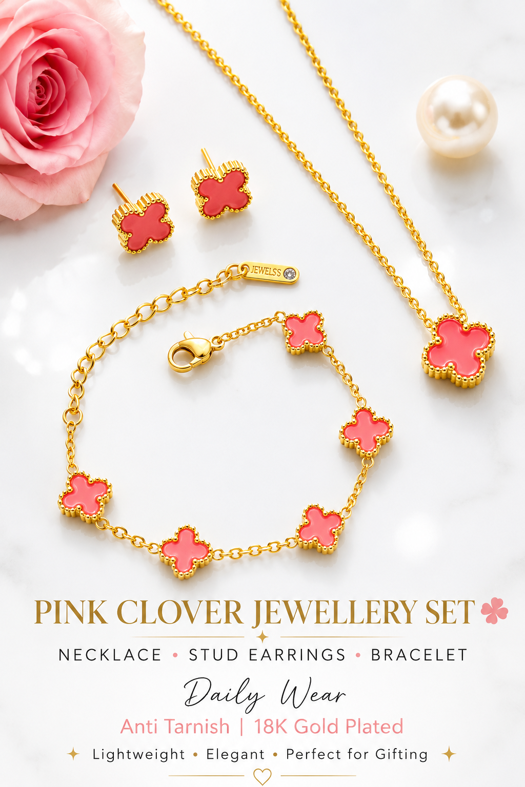 Pink Clover Jewelry Set for Women – 18K Gold Plated Anti Tarnish Necklace, Stud Earrings & Bracelet Set