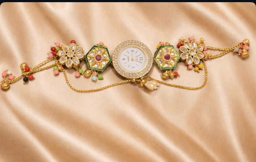 Kashmiri Traditional Designer Watch for Women | Ethnic Bracelet Watch with Stone & Bead Work | Elegant Festive & Daily Wear Analog Wrist Watch