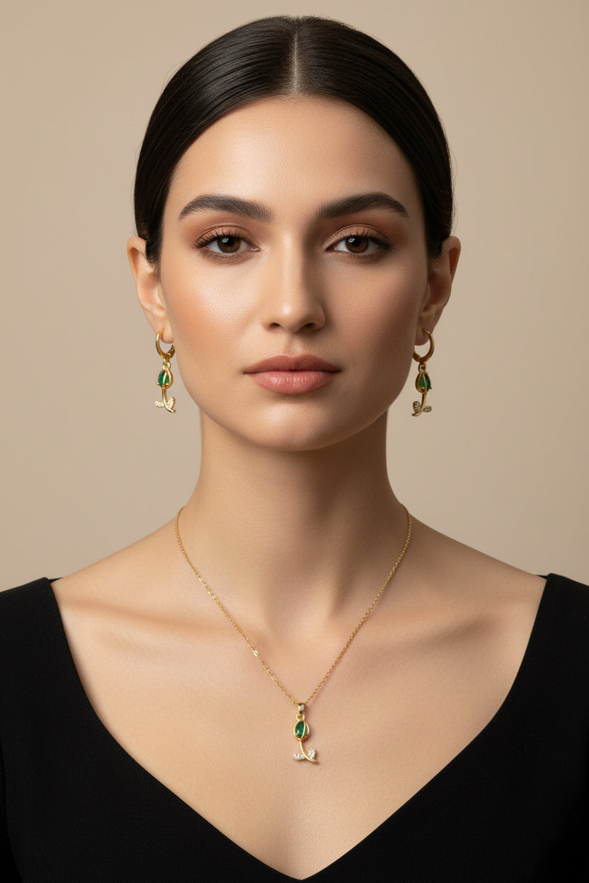 Change the background to a pure white countertop so that only the necklace and earrings are visible, in a professional photoshoot style.