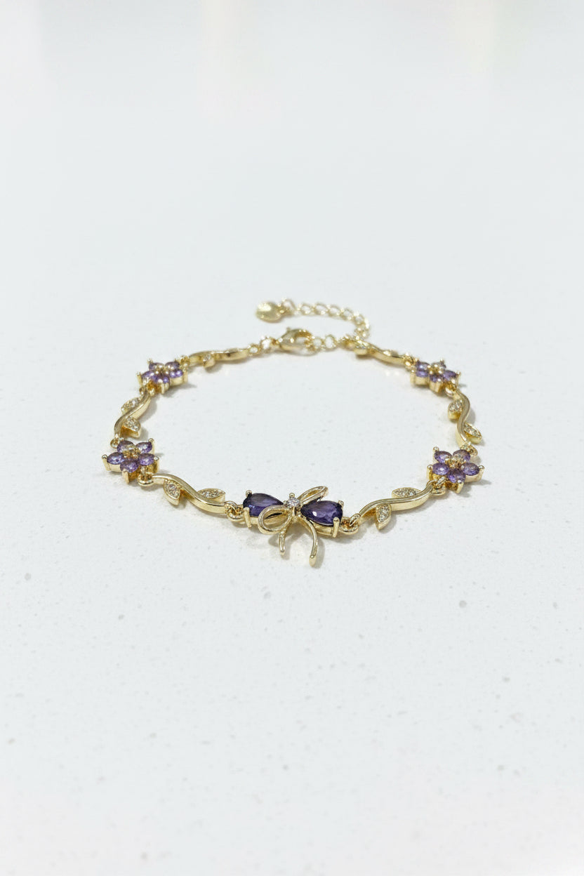 18K Gold Plated Anti-Tarnish Purple Floral Bow Charm Bracelet