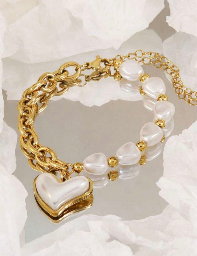 💖 18K Gold Plated Pearl Heart Charm Bracelet | Anti-Tarnish Elegant Daily Wear Bracelet
