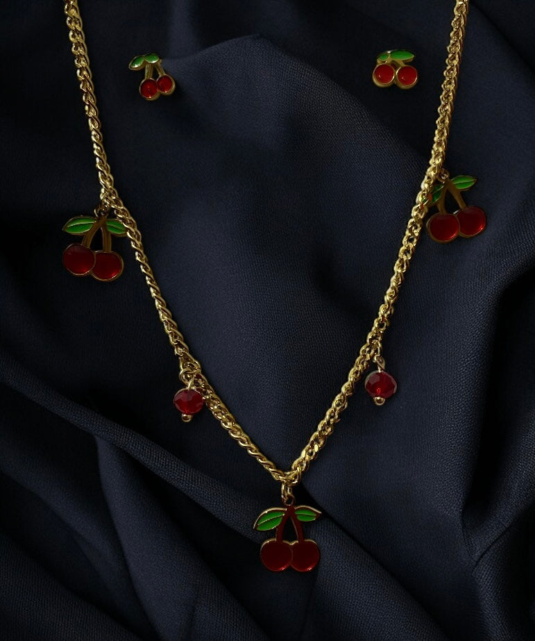 Cheery Design Anti-Tarnish Chain with Small Earrings Set | Adjustable Trendy & Classy Jewelry