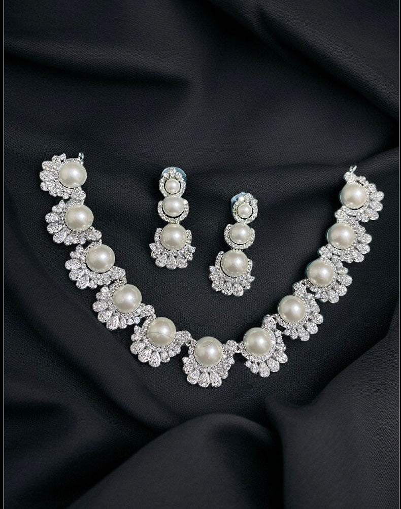 JewelsStar New American Diamond and Pearl Necklace with Earrings for Women