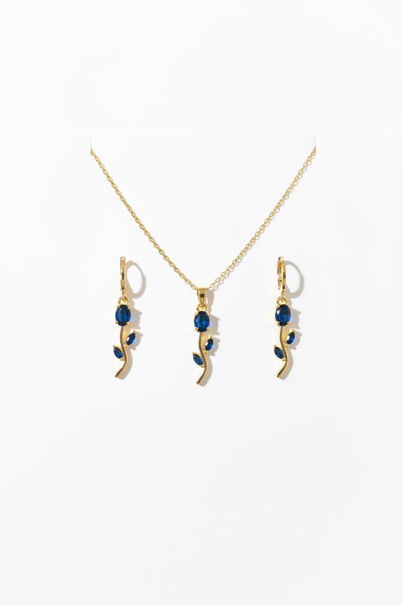 18K Gold Plated Blue Tulip Pendant Necklace with Earrings Set | Anti-Tarnish Floral Jewelry | Elegant Blue Stone Pendant Set for Women | Waterproof & Skin Friendly