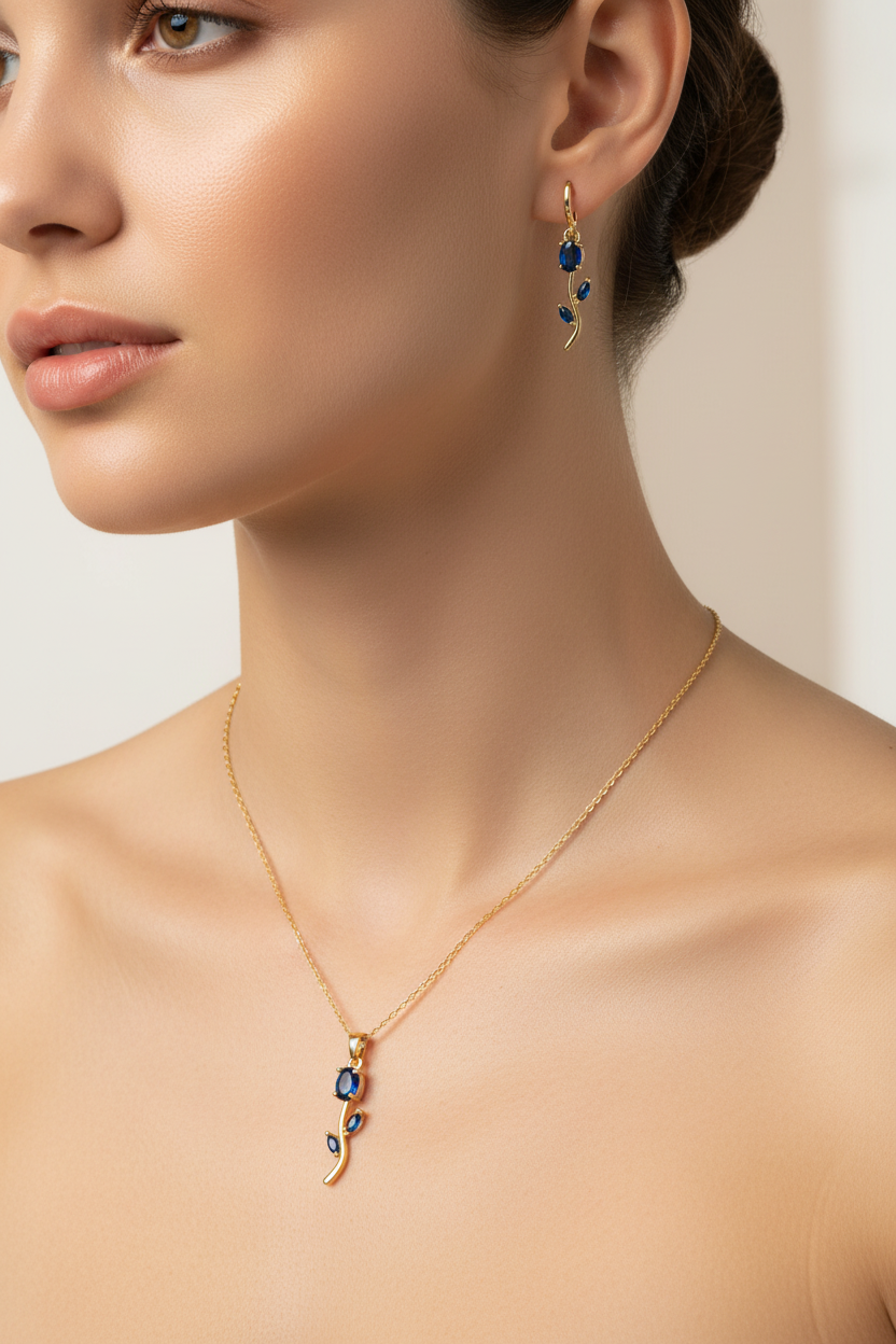 18K Gold Plated Blue Tulip Pendant Necklace with Earrings Set | Anti-Tarnish Floral Jewelry | Elegant Blue Stone Pendant Set for Women | Waterproof & Skin Friendly