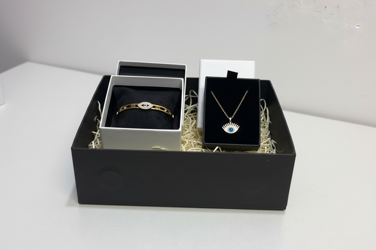 Anti-Tarnish Gift Hamper – Evil Eye Bracelet & Evil Eye Chain | Adjustable, Openable, One Size | Waterproof Daily Wear Jewellery