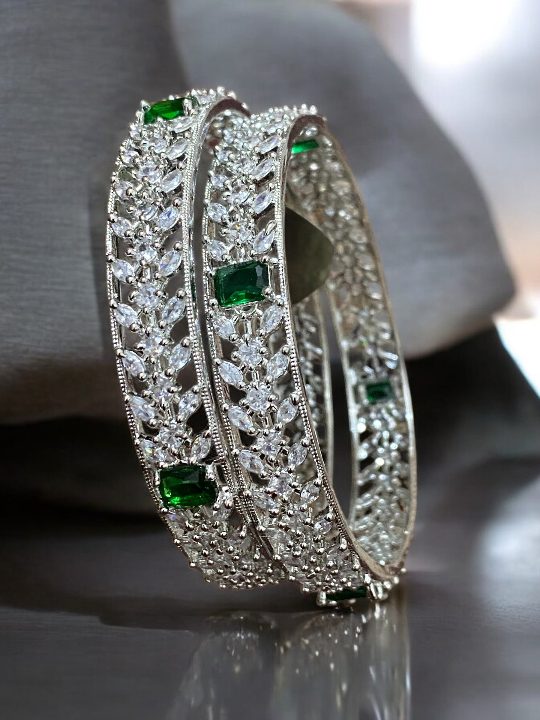Elegant American Diamond Bangles with Green Stones – Pair of 2.8 Size