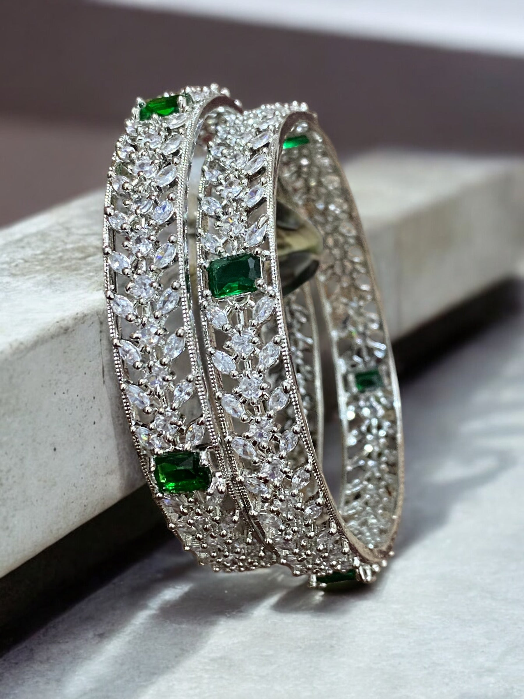 Elegant American Diamond Bangles with Green Stones – Pair of 2.8 Size