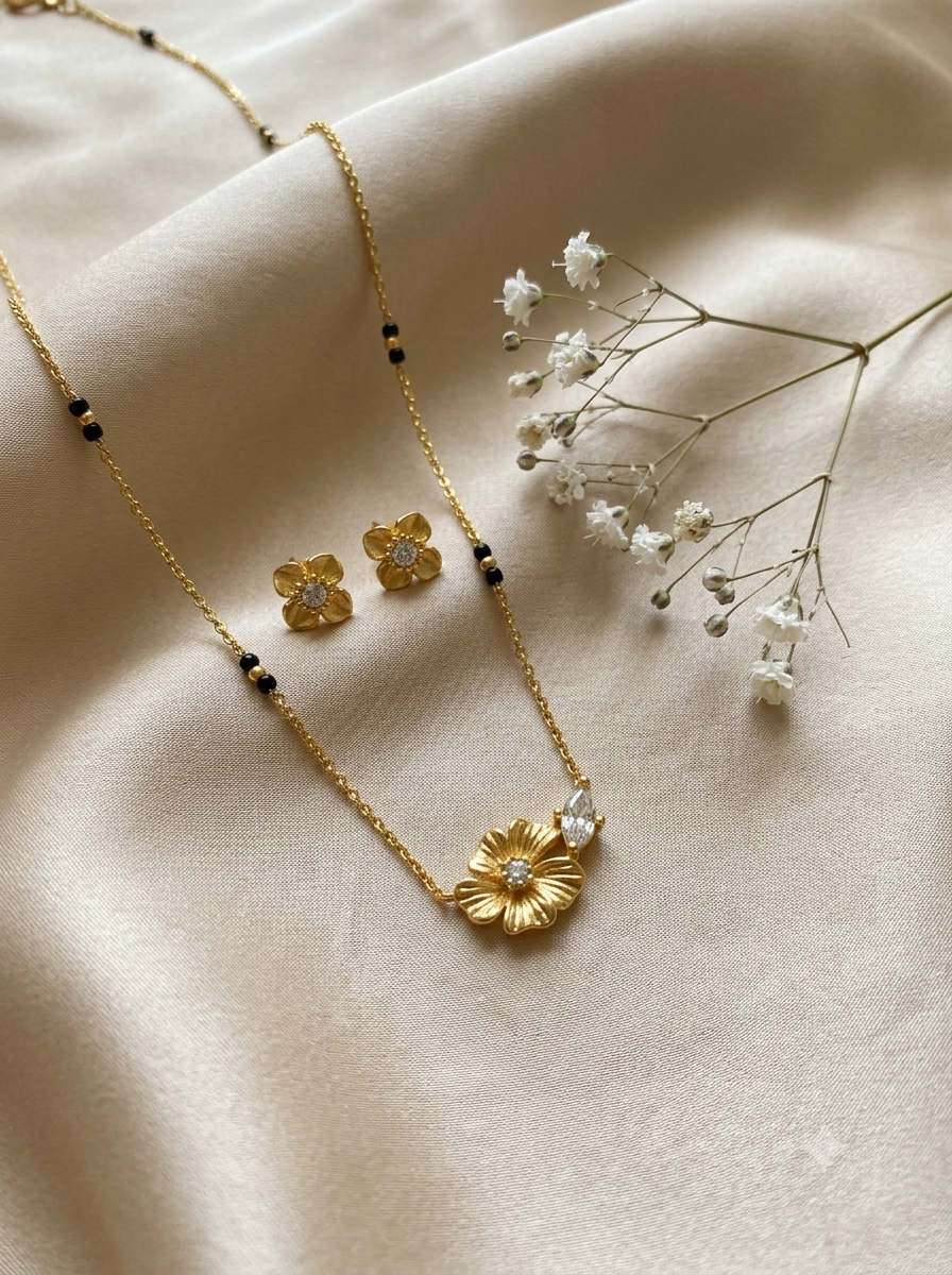 Modern Matte Gold Floral Mangalsutra Set – 18K Gold Plated & Waterproof Daily Wear