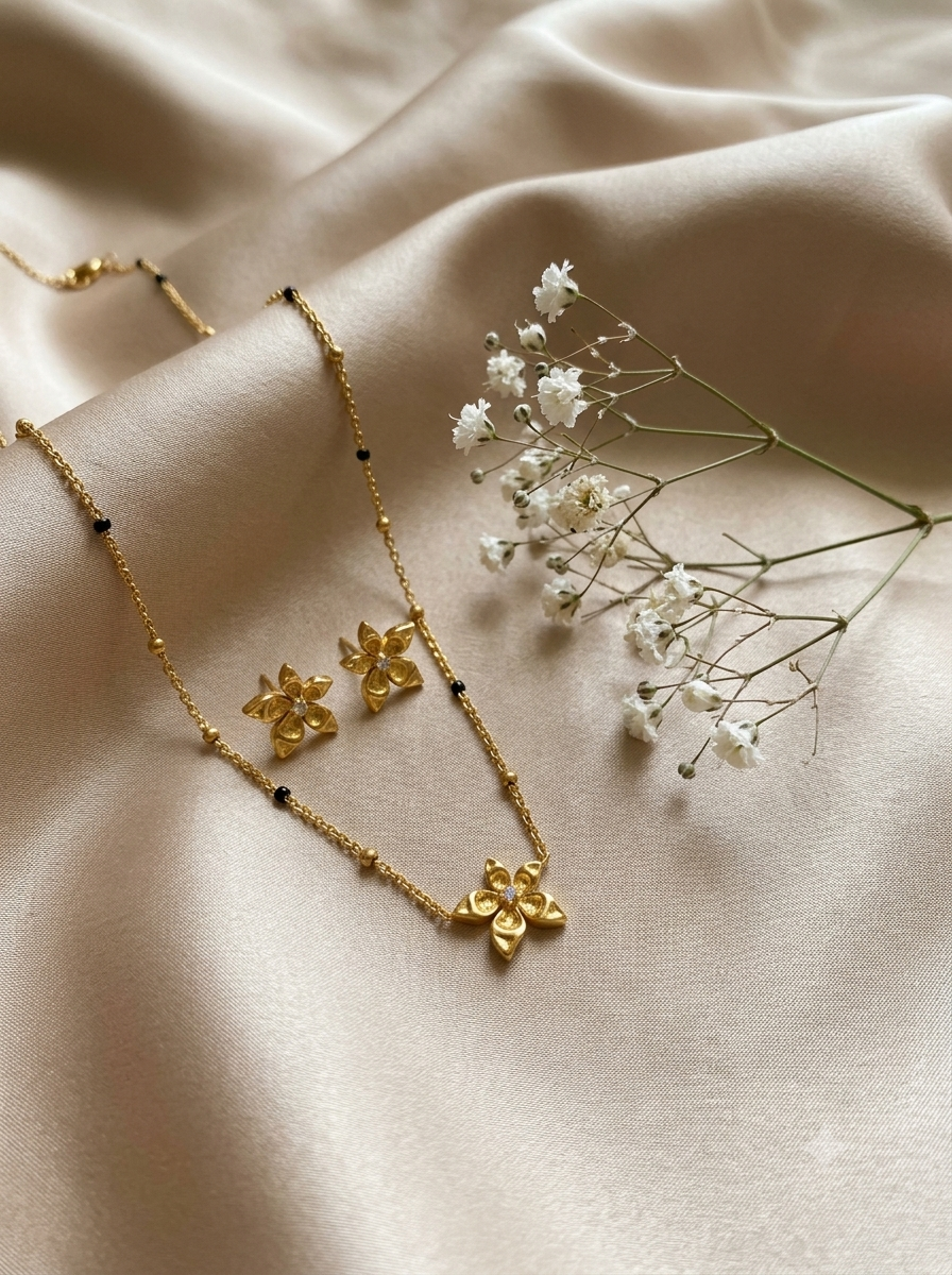 18K Gold Plated Anti-Tarnish Floral Mangalsutra with Matching Stud Earrings