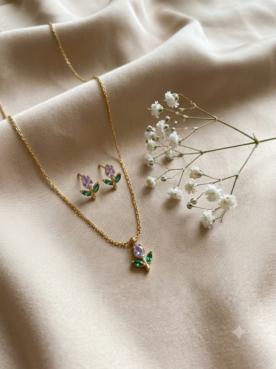 18K Gold Plated Anti-Tarnish Tulip Pendant Necklace & Stud Earrings Set | Lavender Crystal Floral Jewelry