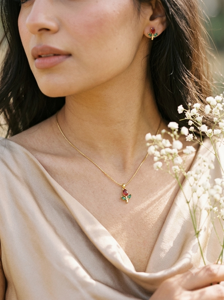 18K Gold Plated Red Tulip Pendant Necklace & Stud Earrings Set | Anti-Tarnish Stainless Steel Floral Jewelry