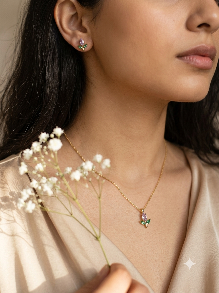18K Gold Plated Anti-Tarnish Tulip Pendant Necklace & Stud Earrings Set | Lavender Crystal Floral Jewelry
