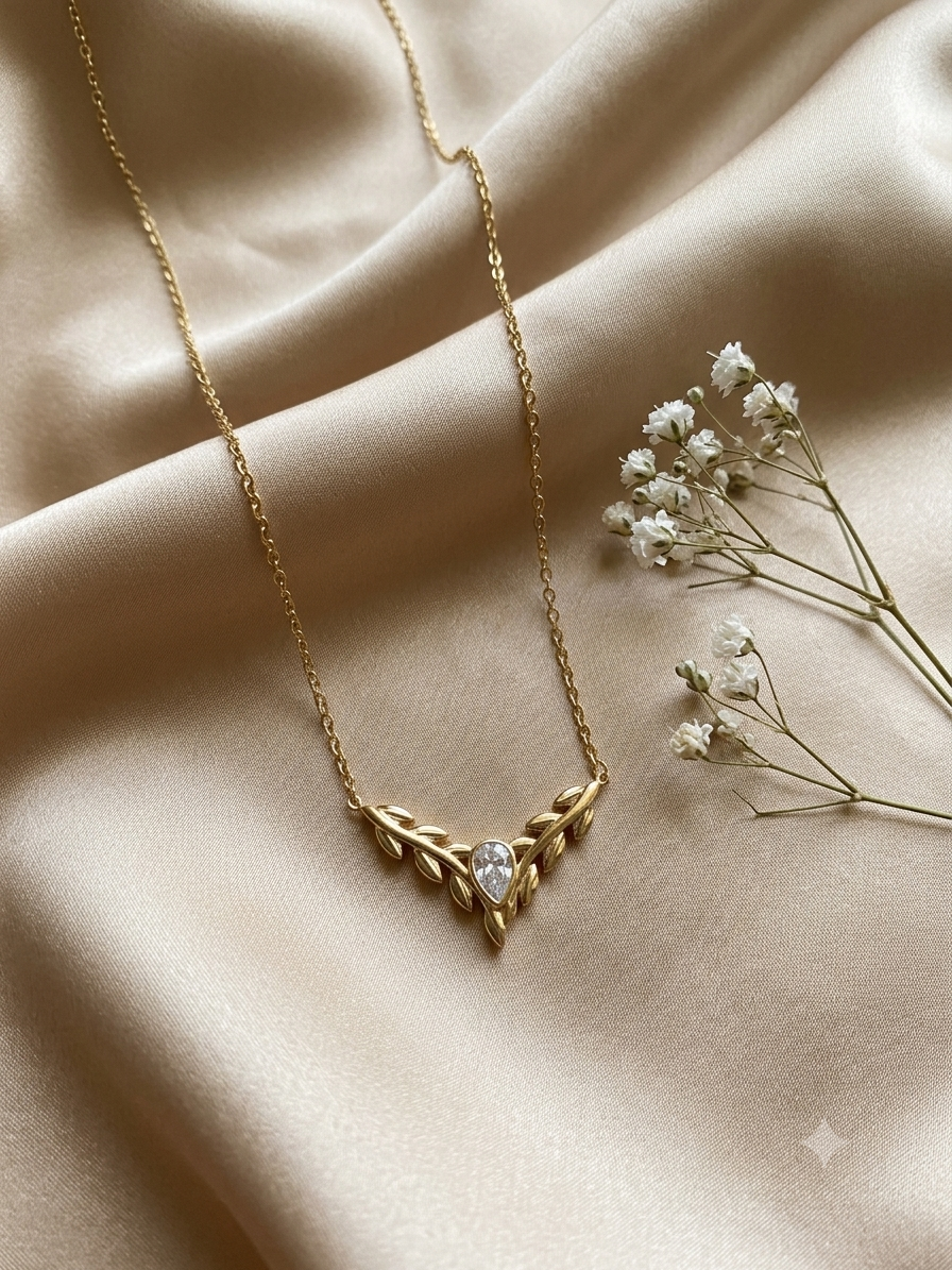 18K Gold Plated Anti-Tarnish Stainless Steel V-Leaf Necklace with Teardrop Stone