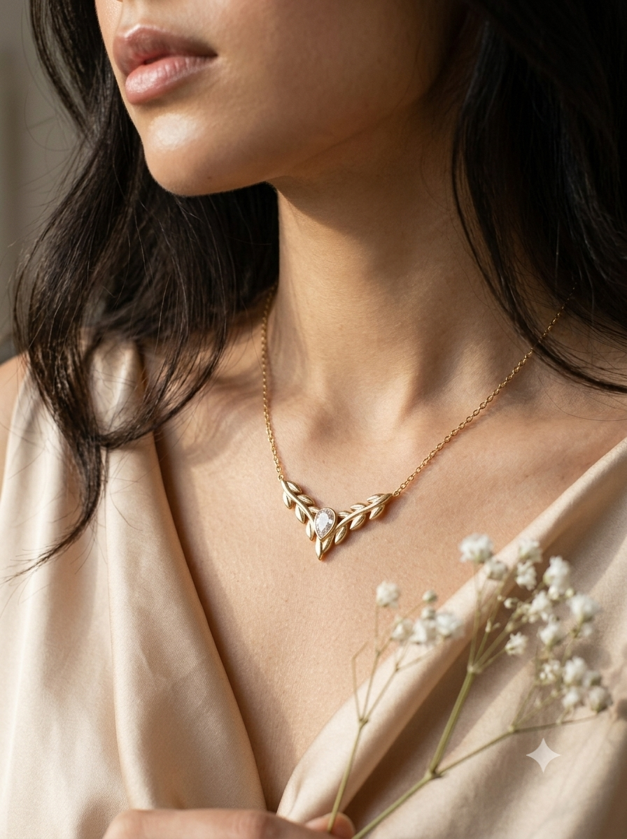 18K Gold Plated Anti-Tarnish Stainless Steel V-Leaf Necklace with Teardrop Stone