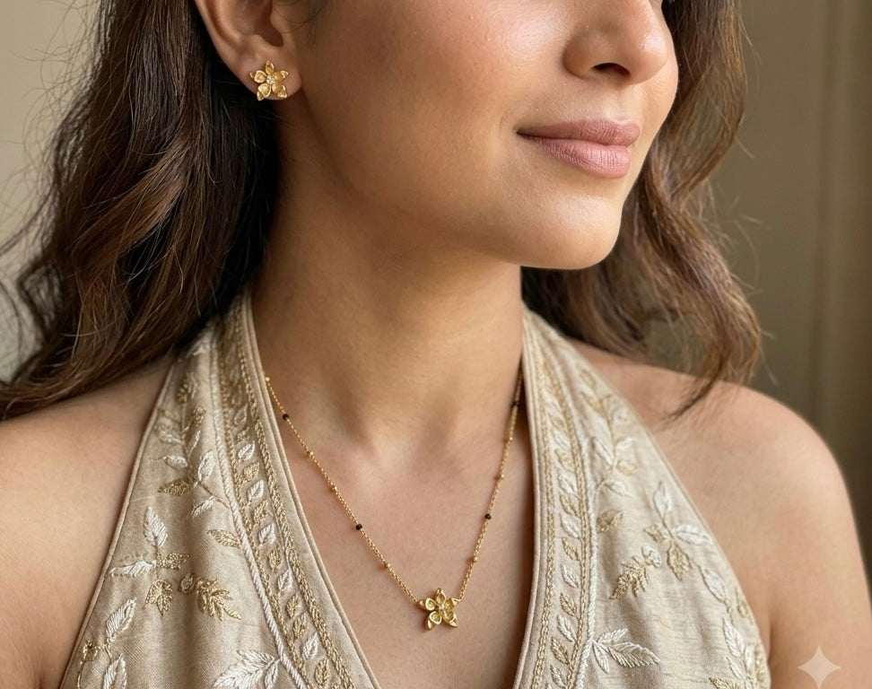 18K Gold Plated Anti-Tarnish Floral Mangalsutra with Matching Stud Earrings