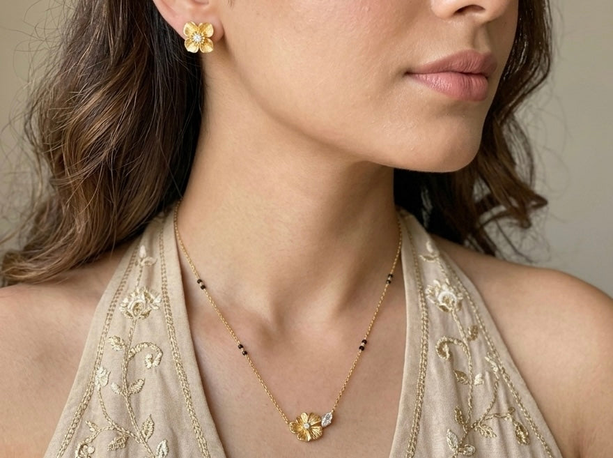 Modern Matte Gold Floral Mangalsutra Set – 18K Gold Plated & Waterproof Daily Wear