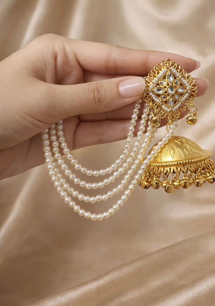 Royal Gold-Finish Statement Dome Jhumkas with Cascading Pearl Hair Chains for Women