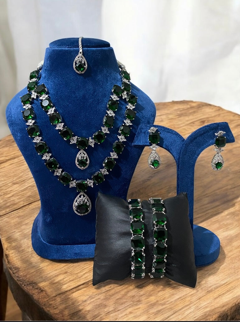 Exquisite Designer American Diamond Double Layer Green Necklace, Earrings, Mangtika, and Bangles Set – A Complete Jewelry Ensemble for Every Occasion