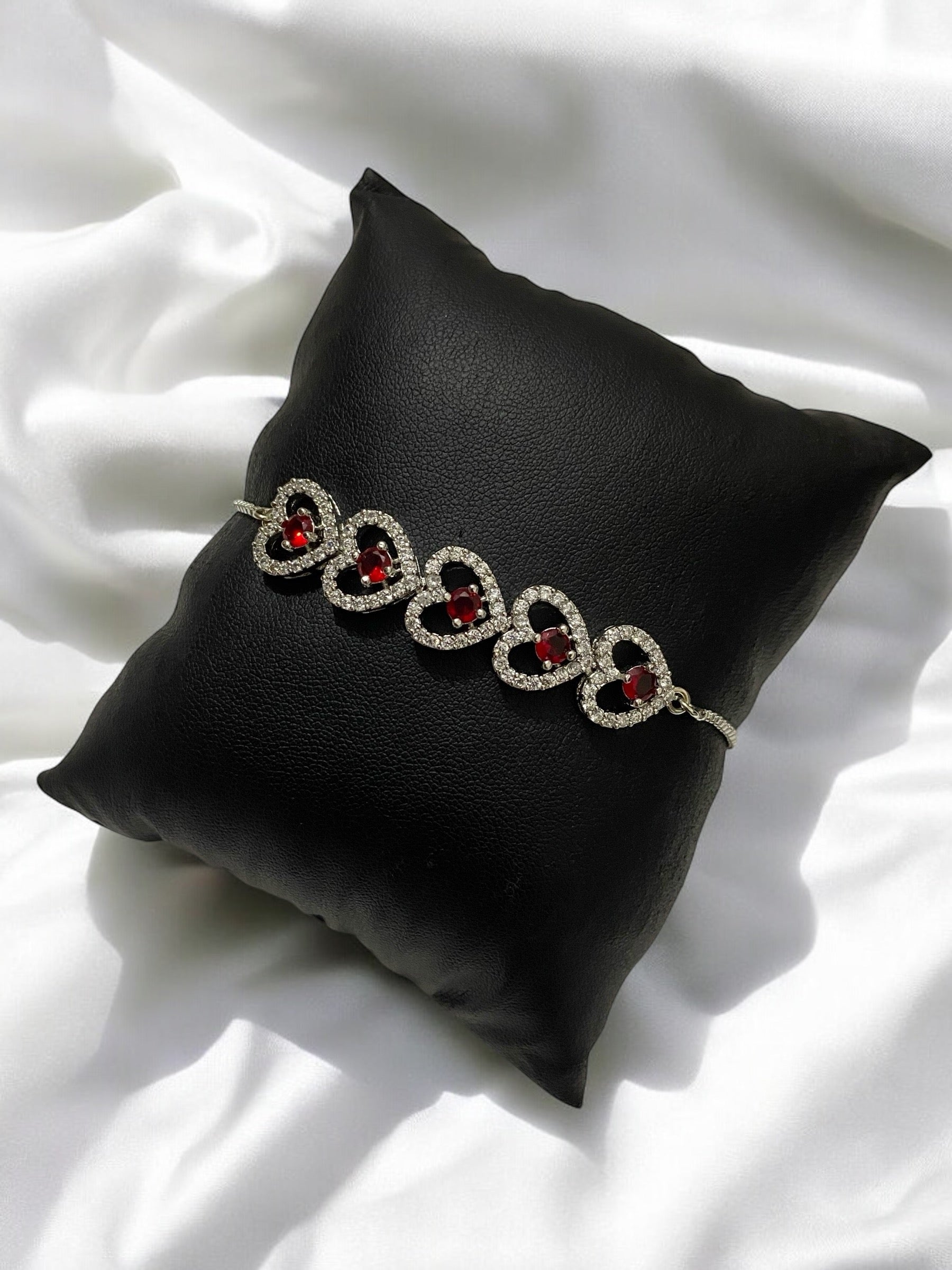 Charming Adjustable Chain Bracelet with Heart Design, American Diamonds, Pearls, and Maroon Stone