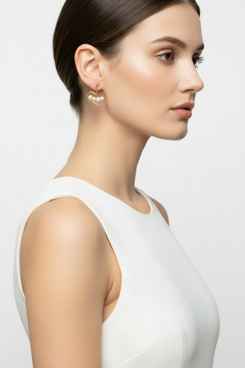 Golden Pearl Heart Stud Earrings